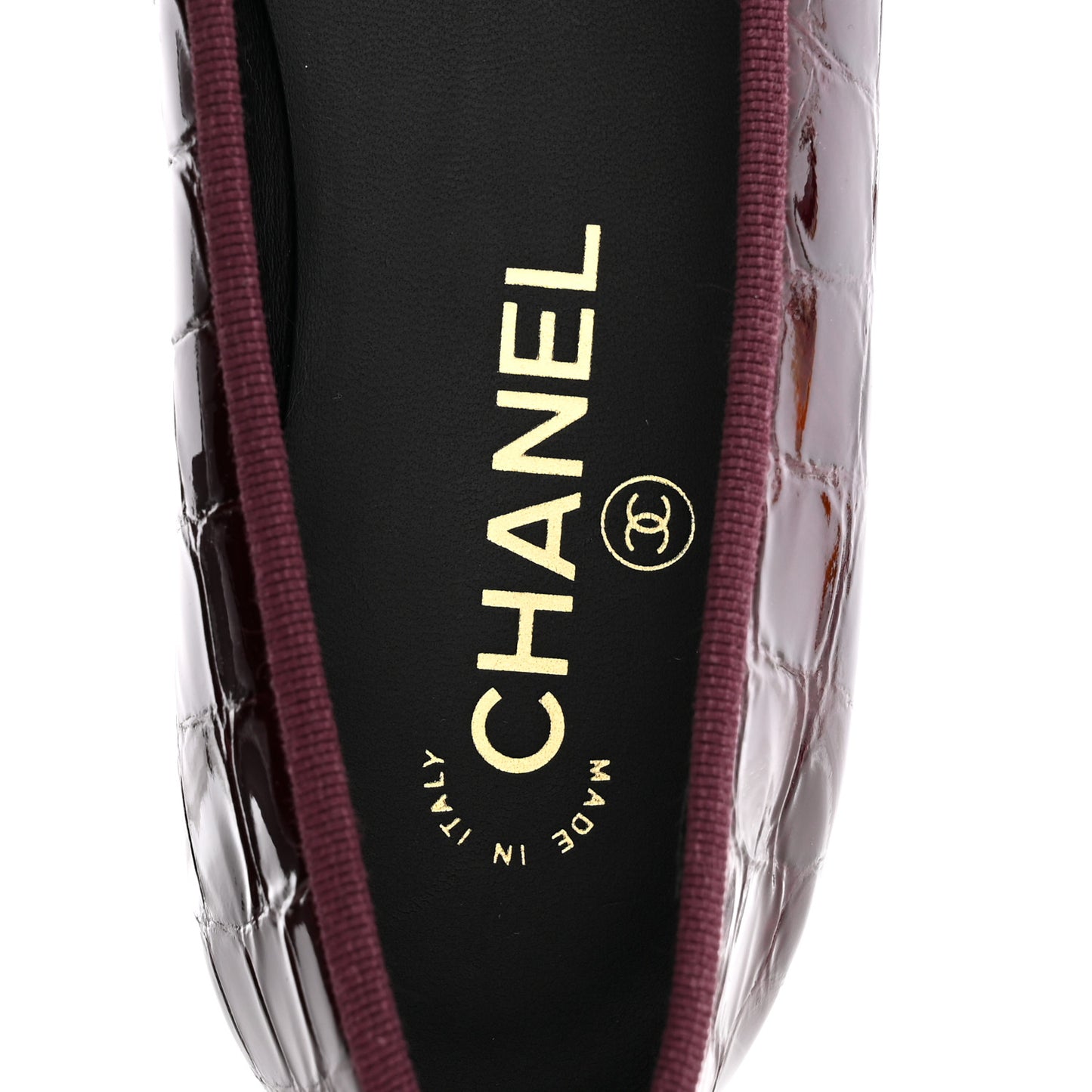 Patent Calfskin Crocodile Embossed Cap Toe CC Ballerina Flats 37.5 Dark Burgundy Black