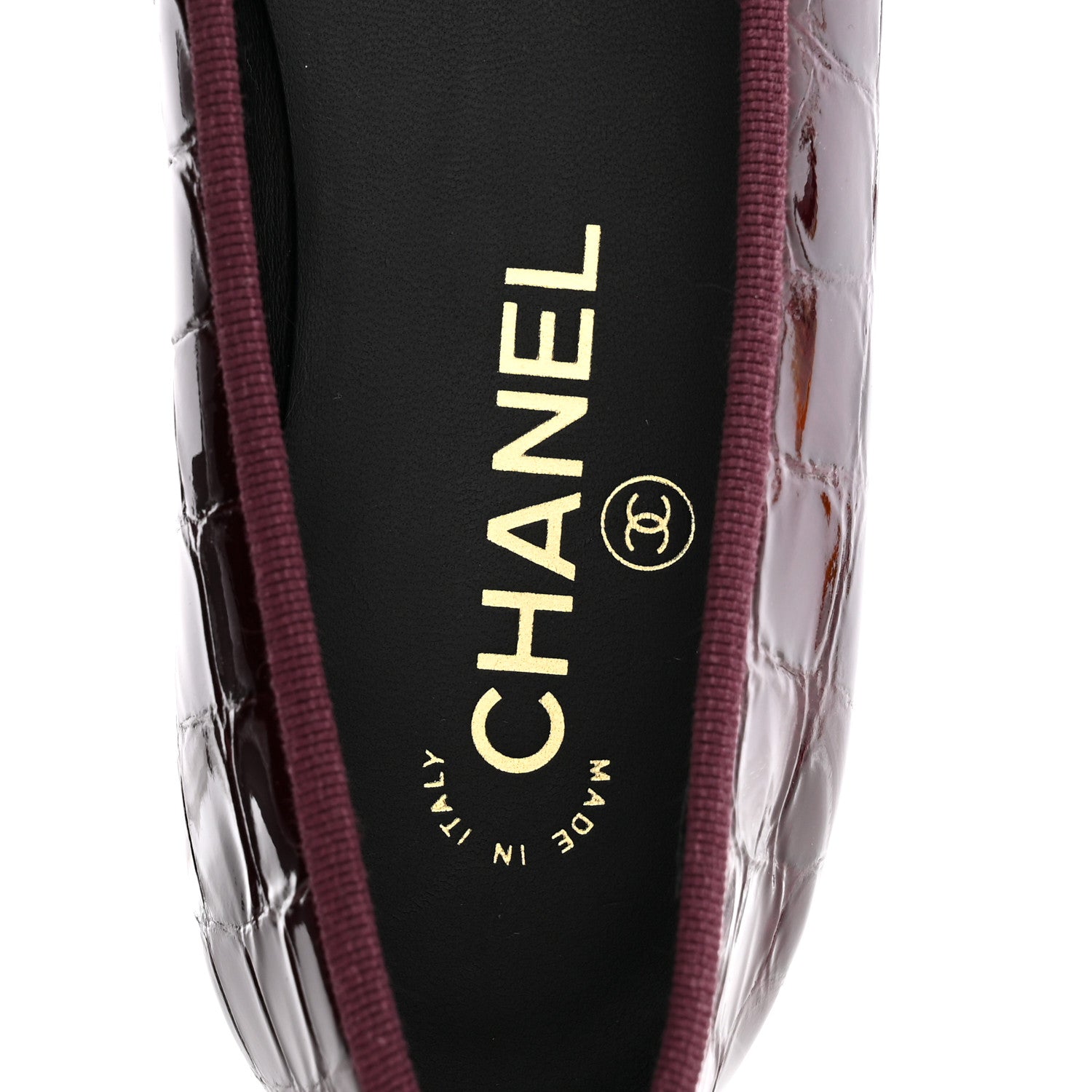 Chanel Patent Calfskin Crocodile Embossed Cap Toe CC Ballerina Flats 37.5 Dark Burgundy Black 8 of 10
