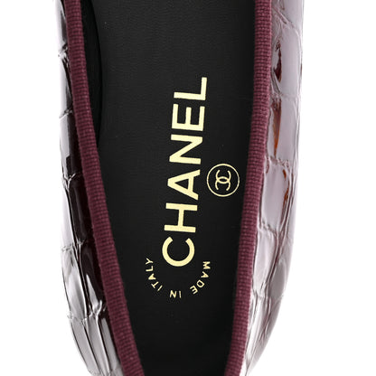 Chanel Patent Calfskin Crocodile Embossed Cap Toe CC Ballerina Flats 37.5 Dark Burgundy Black 8 of 10
