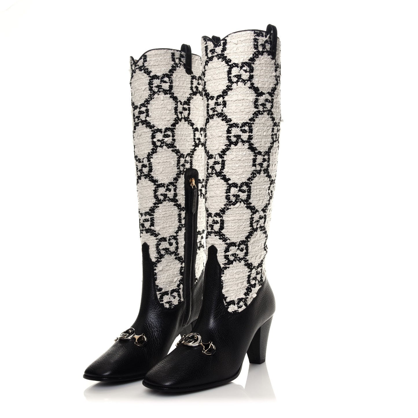 Tweed GG Monogram Wrinkled Kid Zumi Knee Boots 37.5 Natural Black