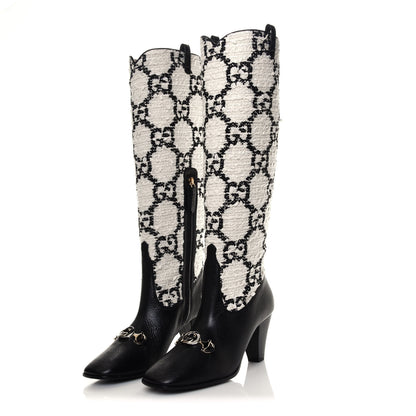 Gucci Tweed GG Monogram Wrinkled Kid Zumi Knee Boots 37.5 Natural Black 3 of 6