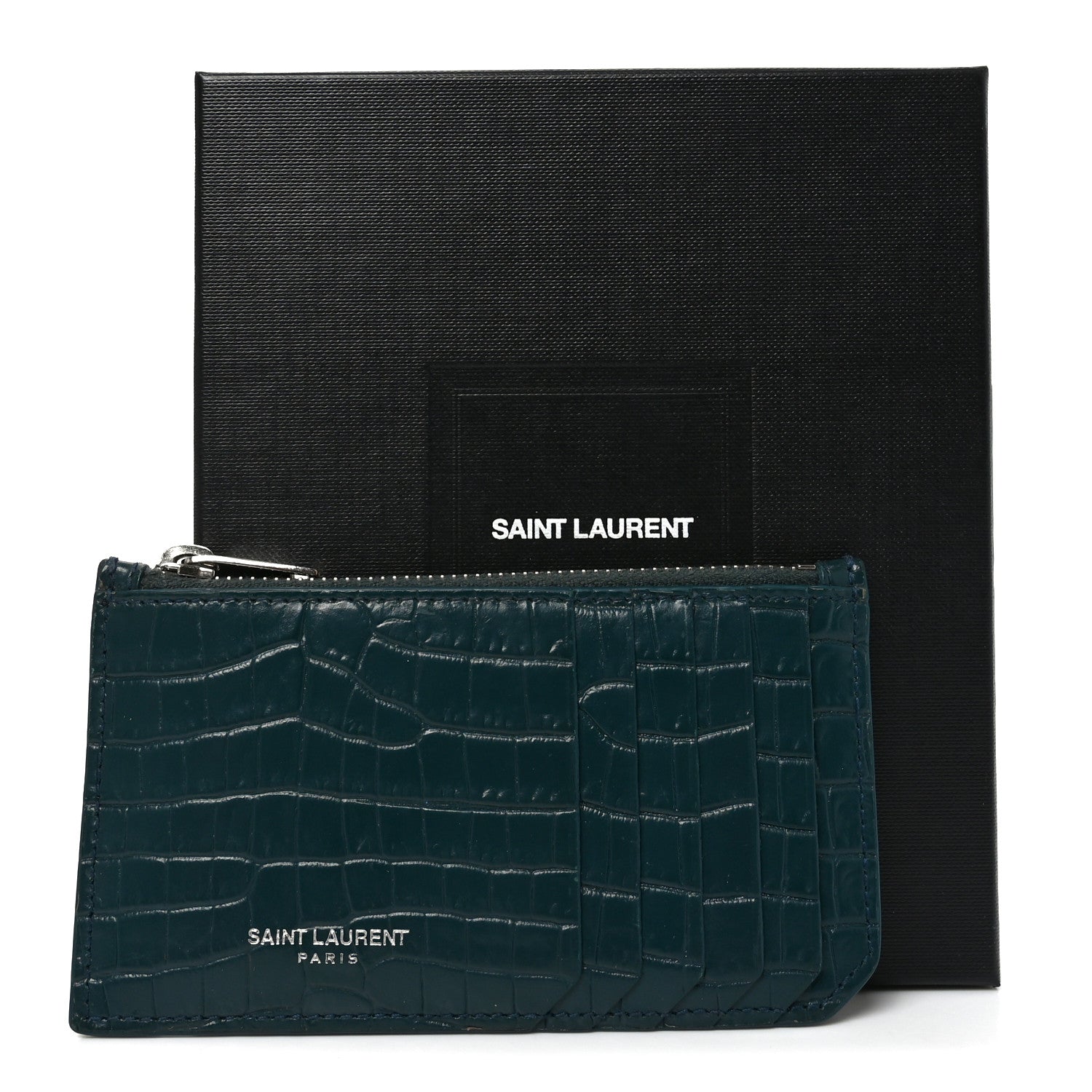 Saint Laurent Calfskin Crocodile Embossed 5 Fragments Zip Pouch Card Holder Dark Turquoise 7 of 7