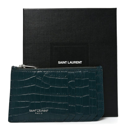 Saint Laurent Calfskin Crocodile Embossed 5 Fragments Zip Pouch Card Holder Dark Turquoise 7 of 7