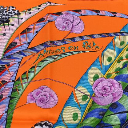 Hermes Silk Plumes En Fete Scarf 90 Orange Bleu Rose 3 of 5