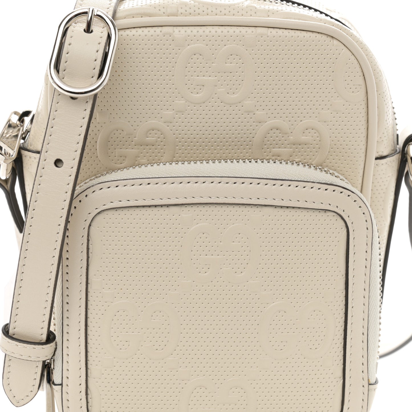 Calfskin GG Tennis Embossed Mini Double Zip Messenger Bag Mystic White