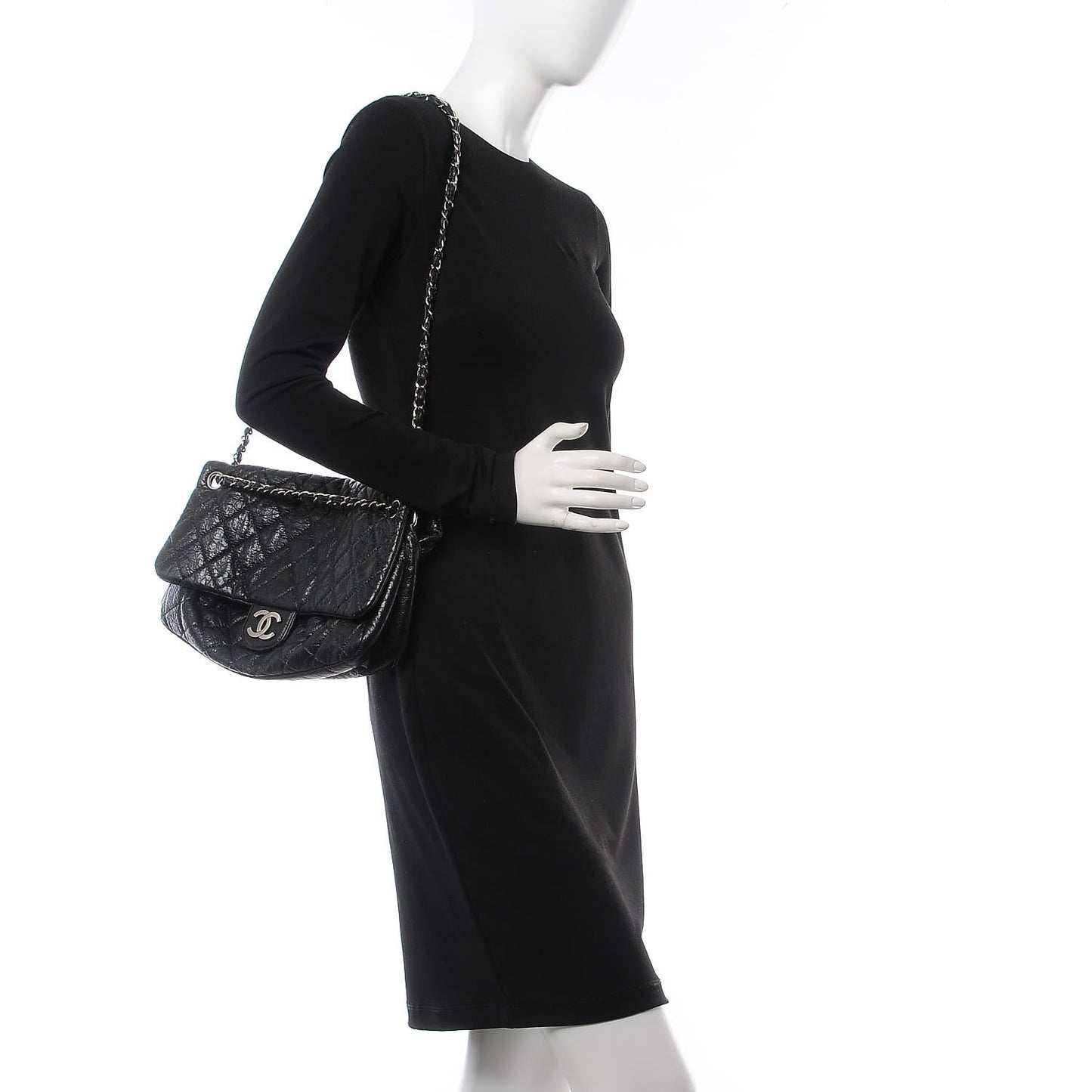 Crackled Calfskin Quilted Large Flap Black