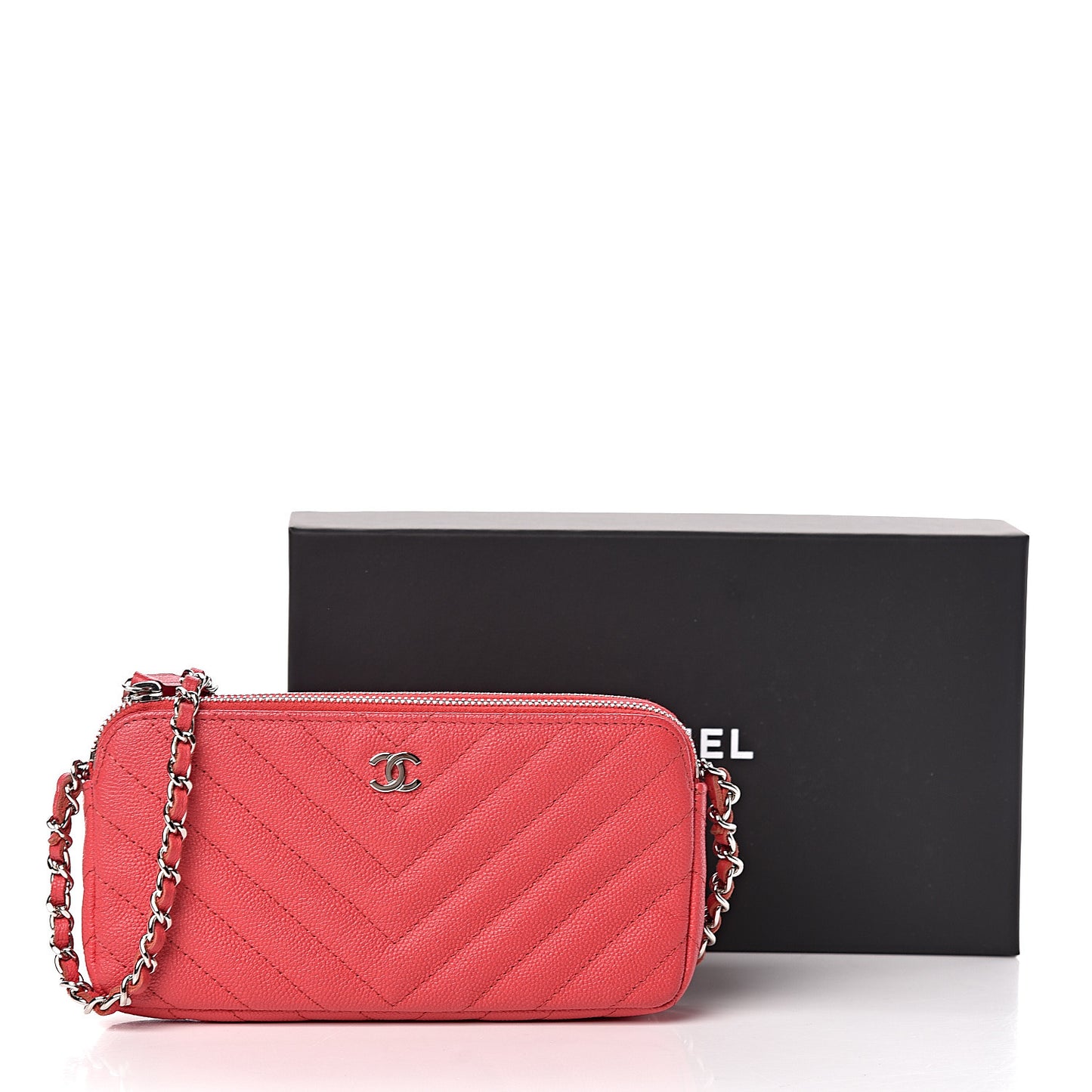 Caviar Chevron Quilted Small Clutch With Chain Light Red