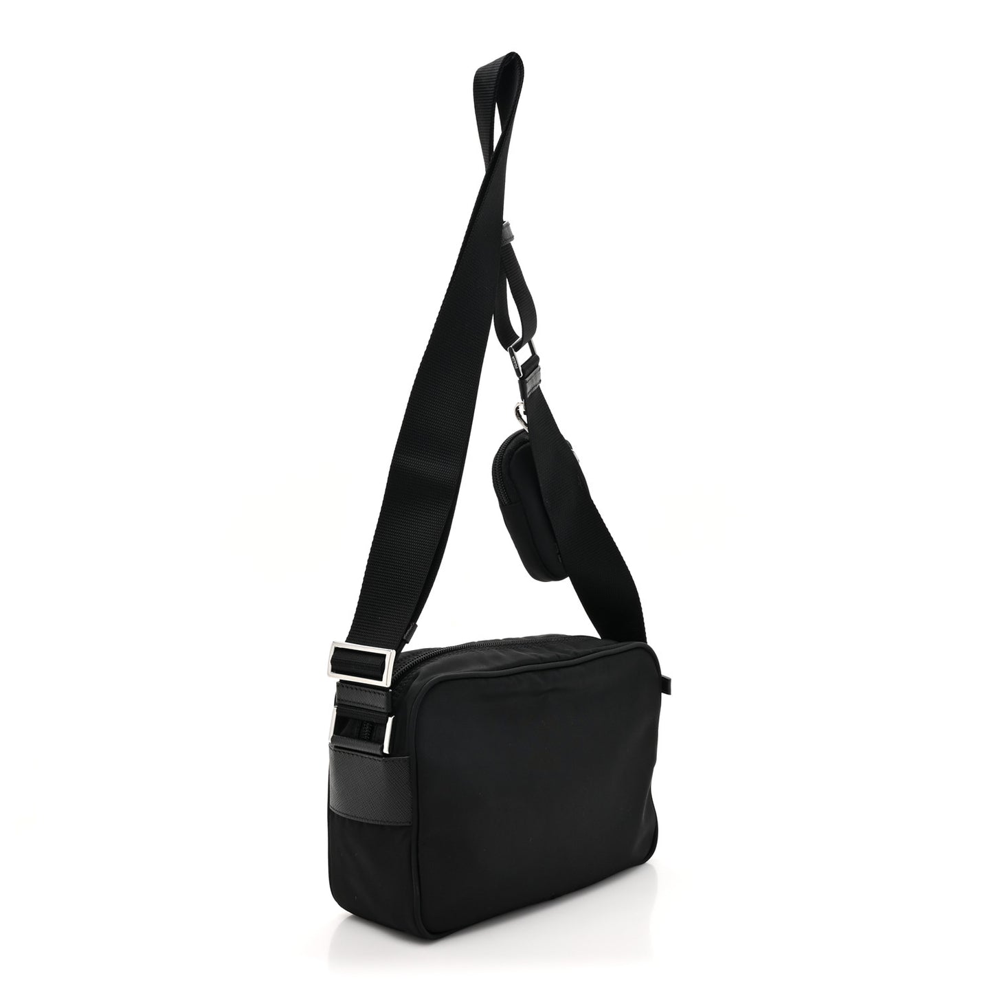 Re-Nylon Vela Saffiano Pocket Double Zip Shoulder Bag Black