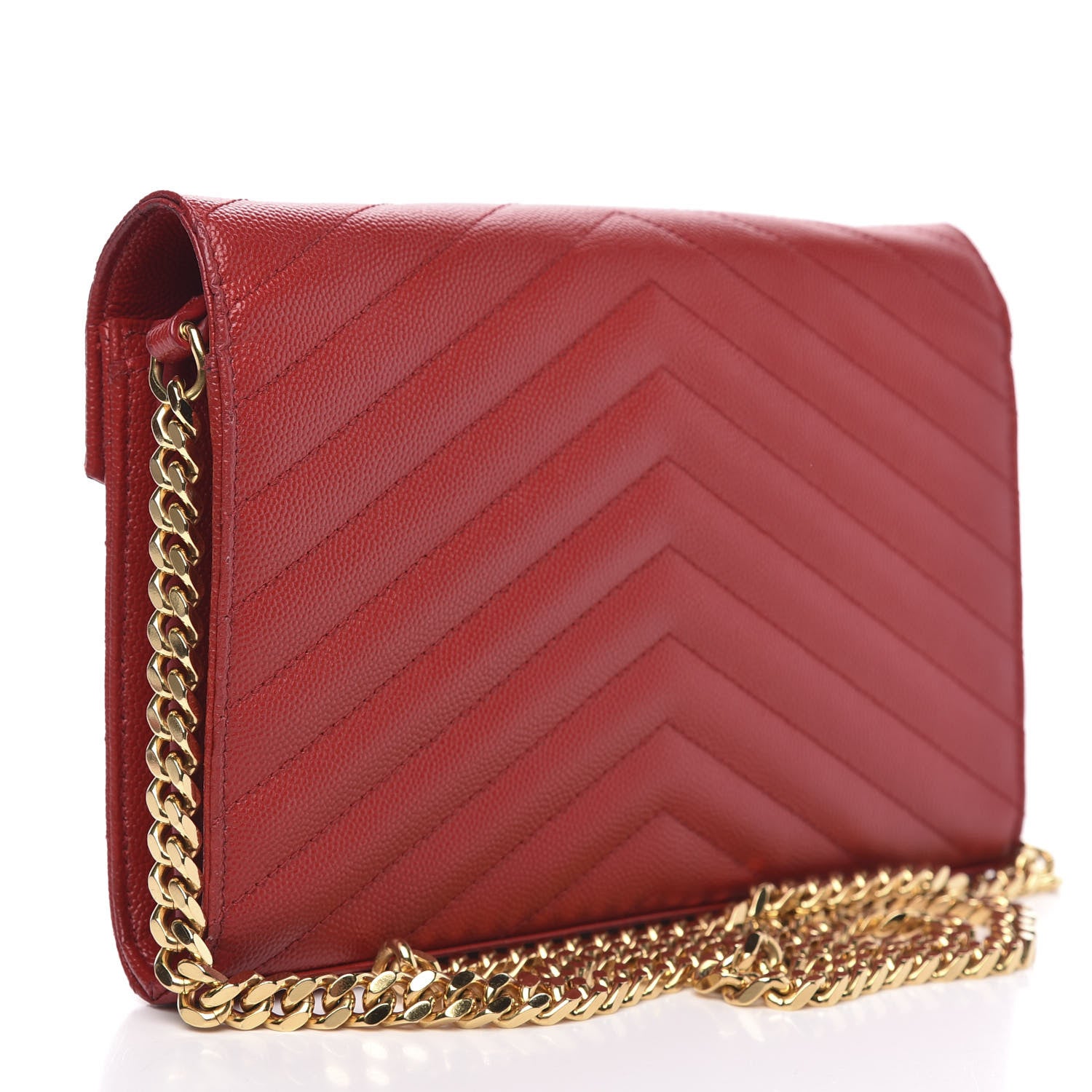 Saint Laurent Grain De Poudre Matelasse Chevron Monogram Chain Wallet Vermillion 3 of 12