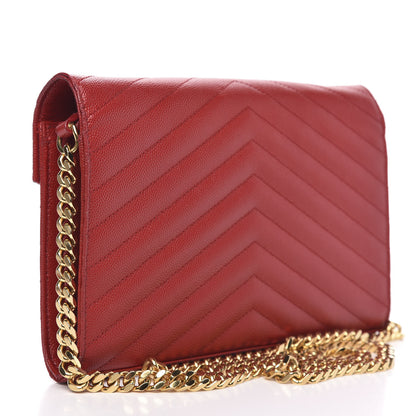 Saint Laurent Grain De Poudre Matelasse Chevron Monogram Chain Wallet Vermillion 3 of 12