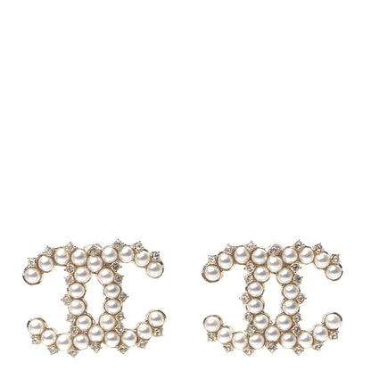 Chanel Pearl Crystal CC Stud Earrings Gold 1 of 5