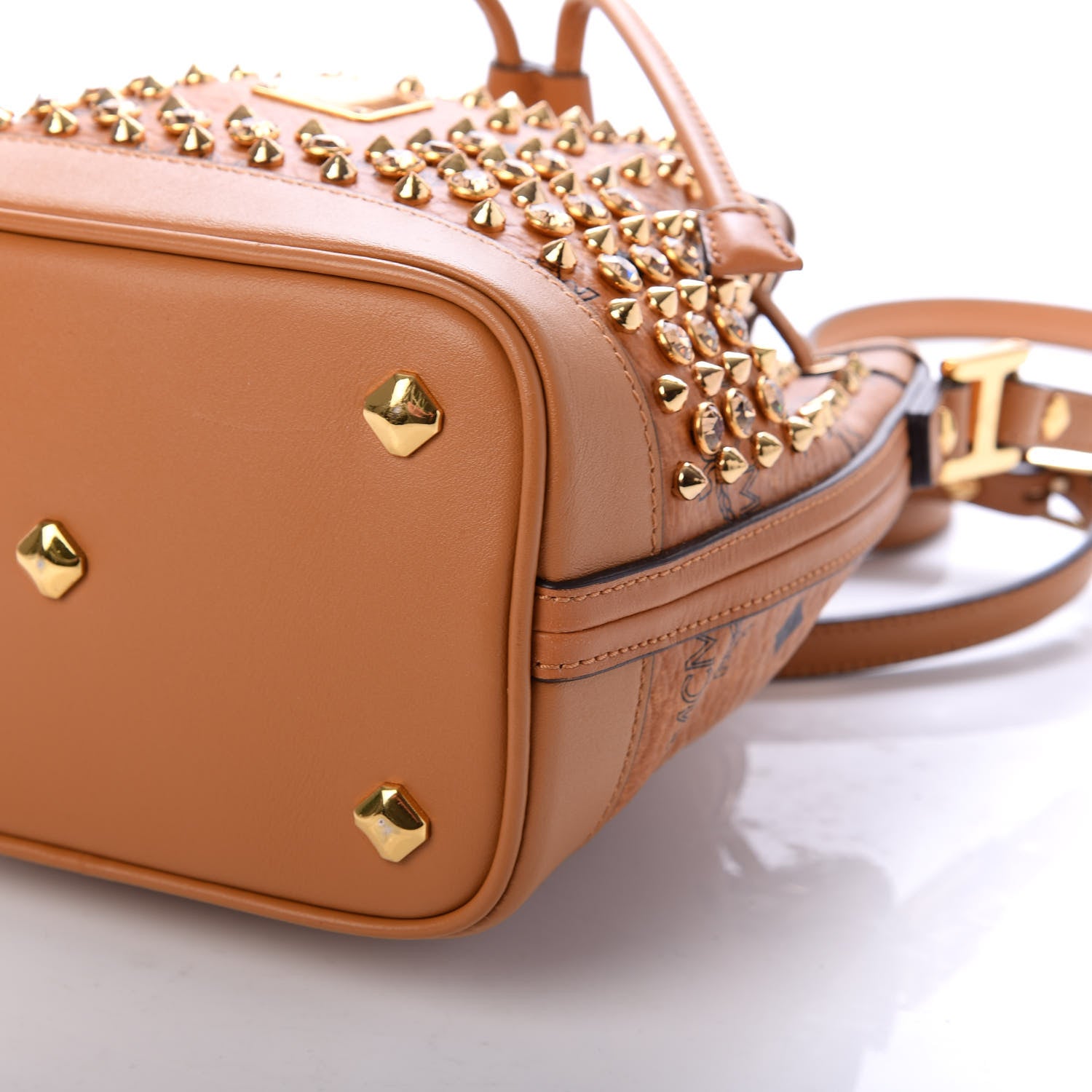 MCM Visetos Swarovski Crystal Studded Mini Drawstring Bucket Bag Cognac 8 of 9