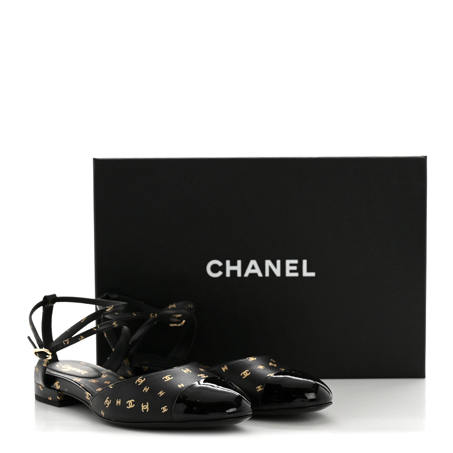 Chanel Printed Lambskin Patent Calfskin Cap Toe CC Slingbacks 36.5