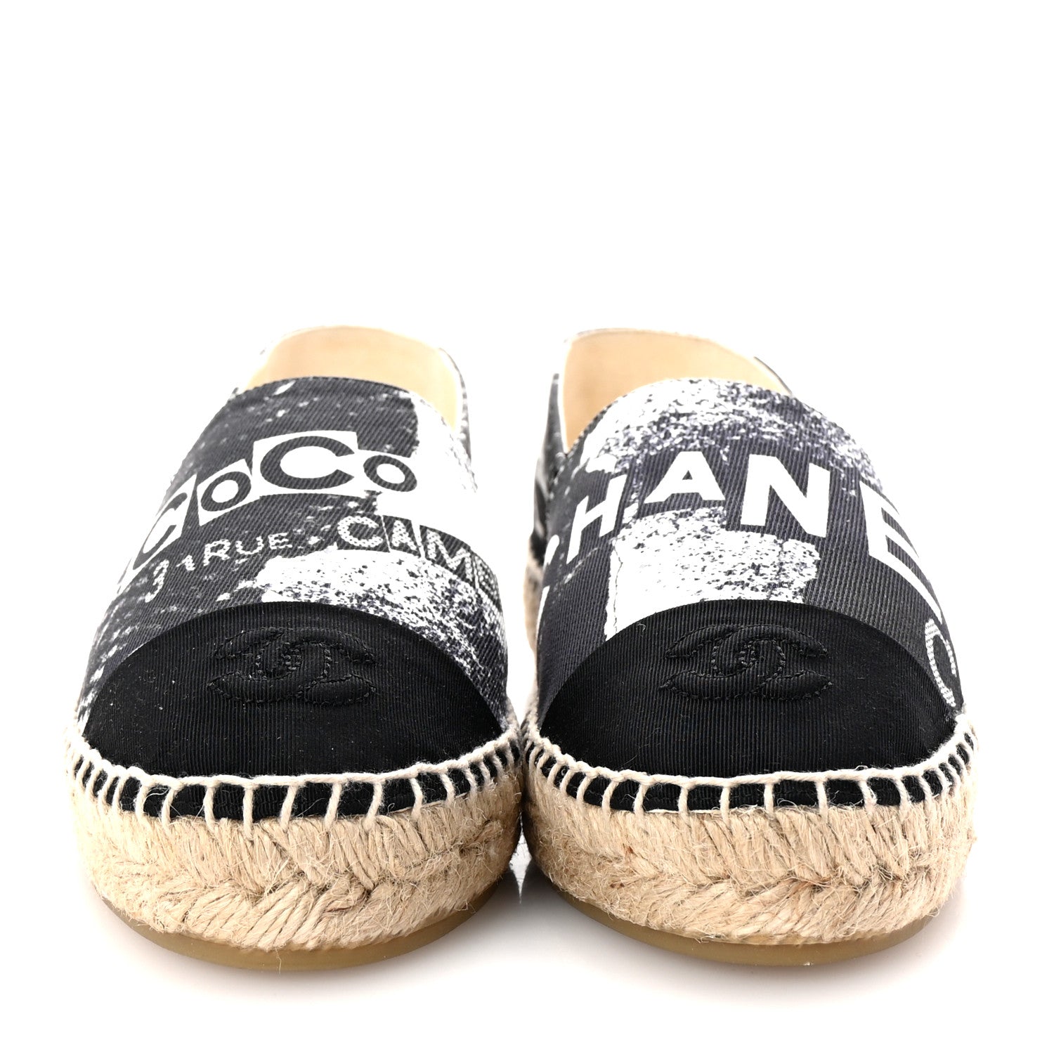 Chanel Printed Canvas Grosgrain 31 Rue Cambon Espadrilles 38 Black White 3 of 11