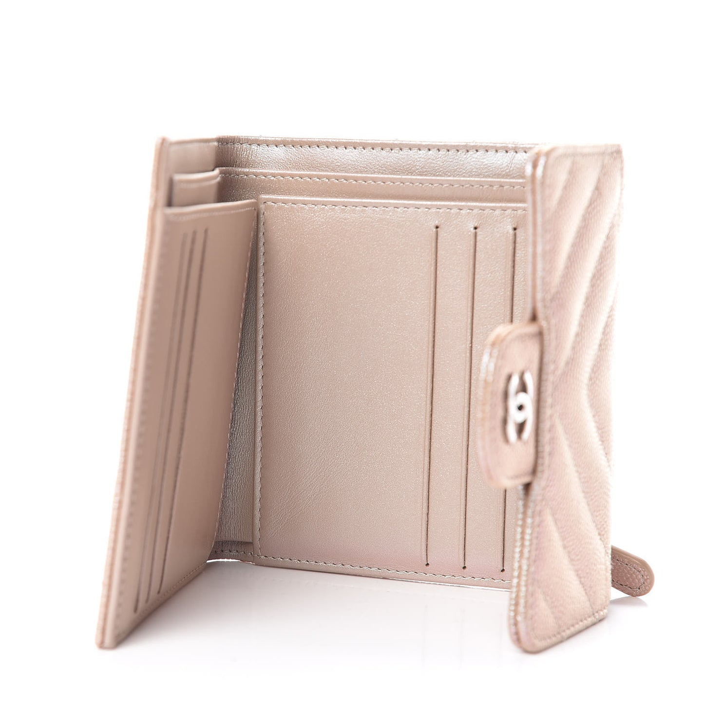 Metallic Caviar Chevron Quilted Compact Flap Wallet Light Gold