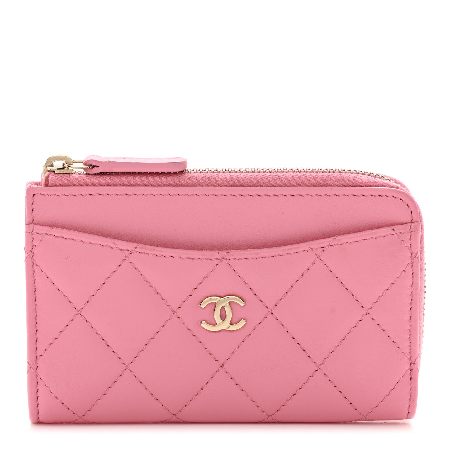 Lambskin Quilted CC Zip Around Card Holder Pink