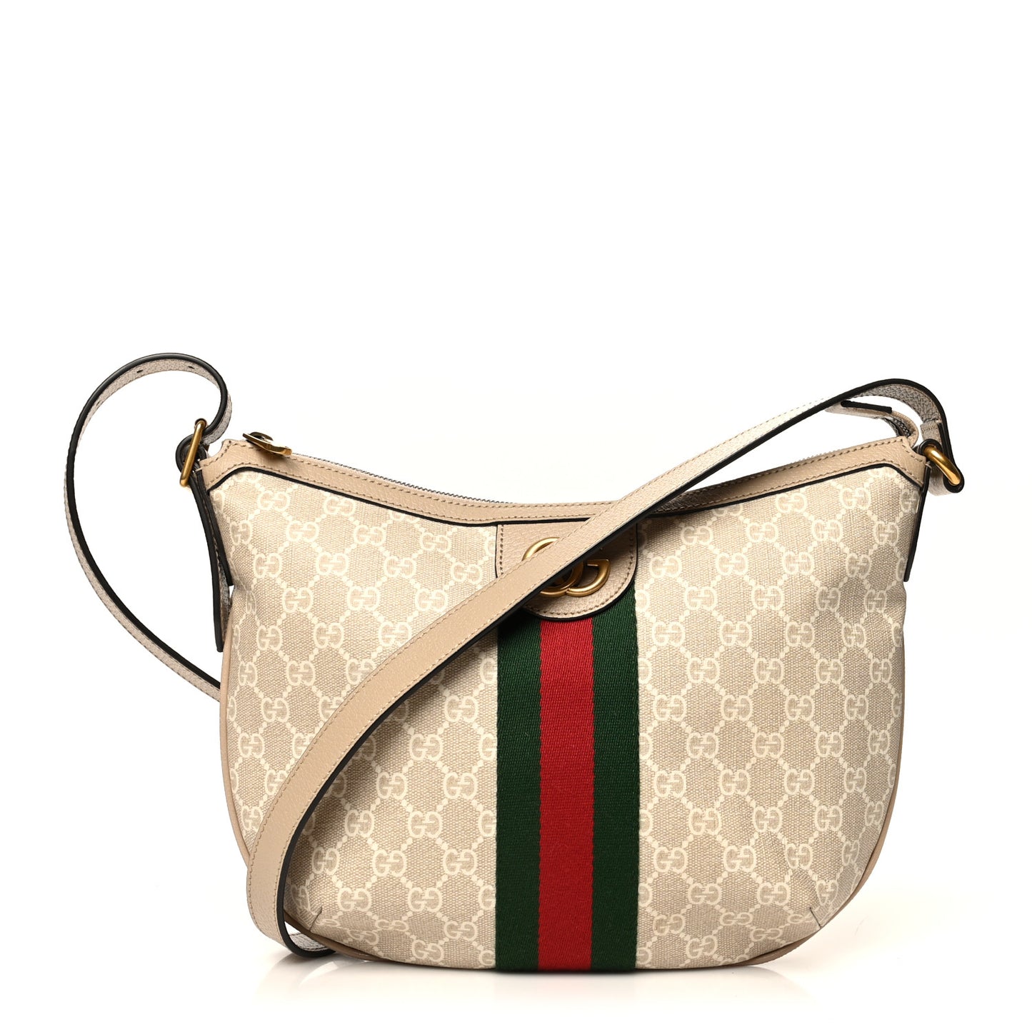 GG Supreme Monogram Textured Dollar Calfskin Web Small Ophidia Half Moon Hobo Beige Mystic White Oatmeal