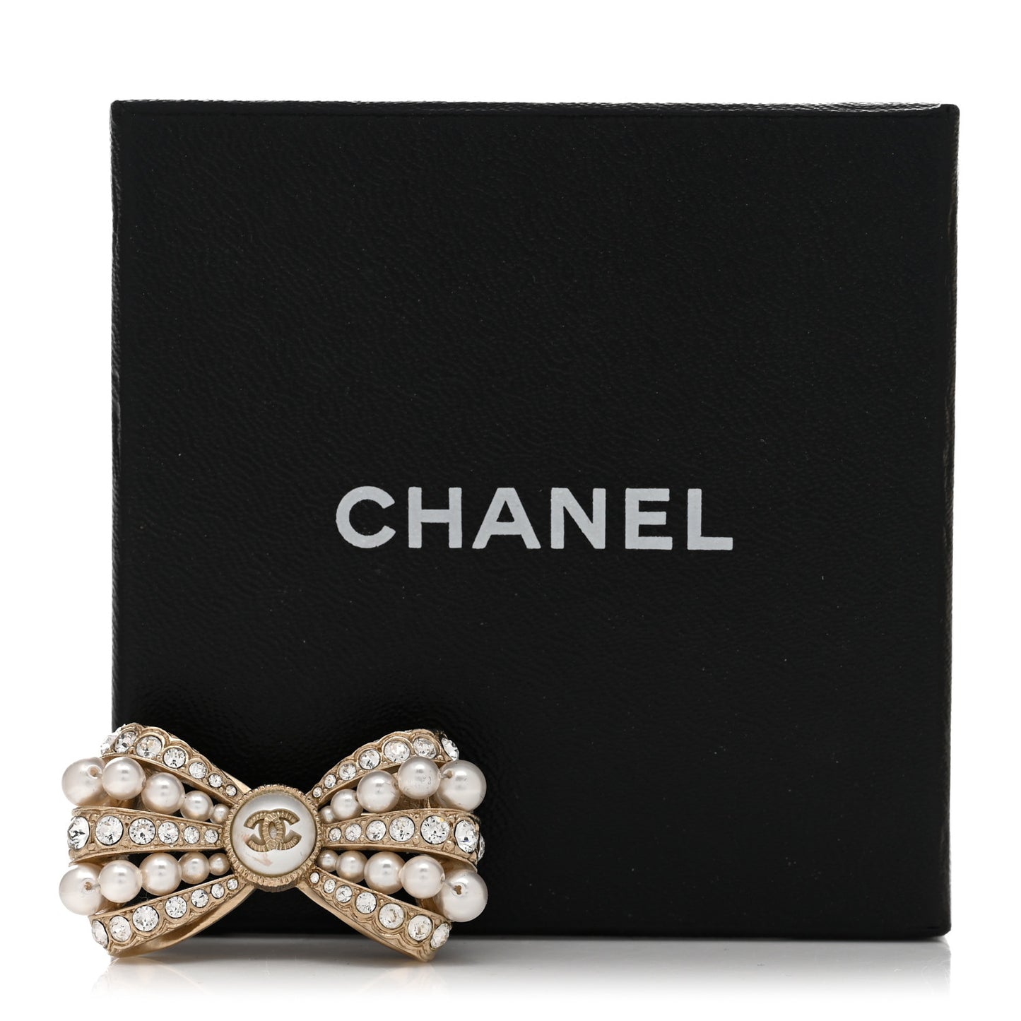 Metal Crystal Pearl CC Bow Brooch Gold