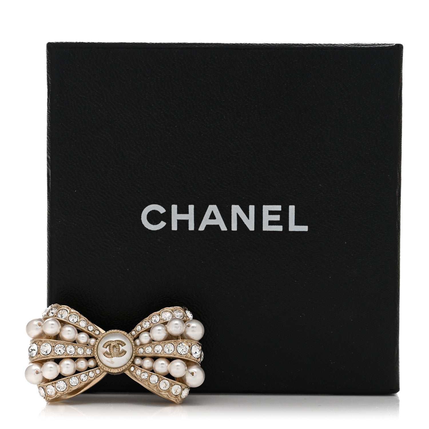 Chanel Metal Crystal Pearl CC Bow Brooch Gold 5 of 5