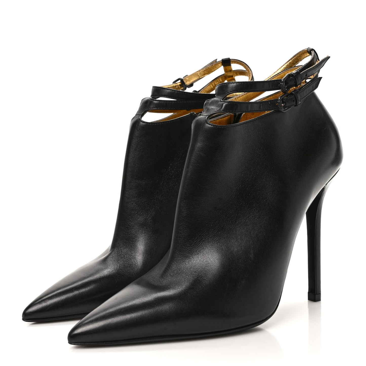 Gleam Calfskin Ankle Strap High Heel Booties 38.5 Black