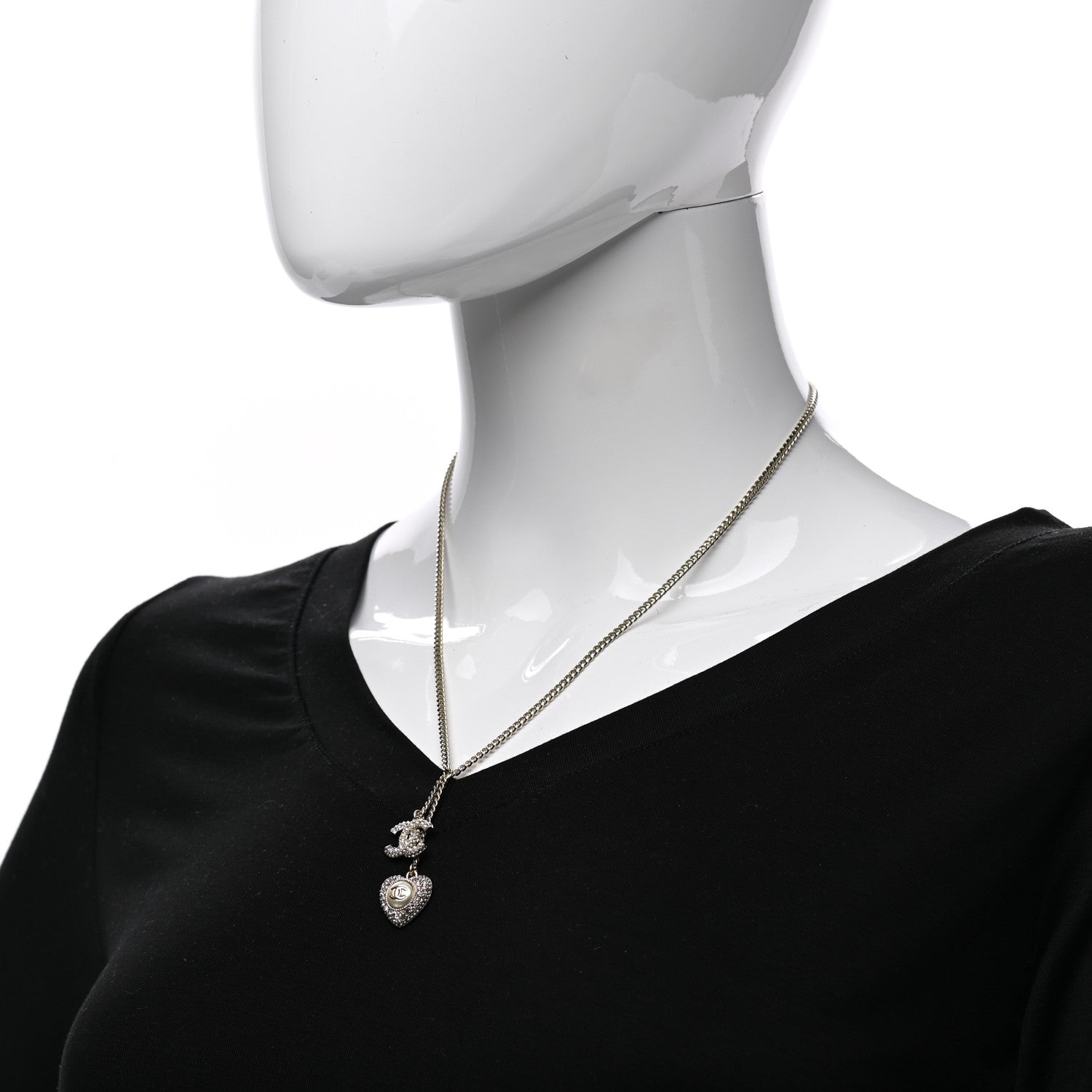 Chanel Pearl Crystal CC Heart Necklace Pearly White Gold 2 of 5