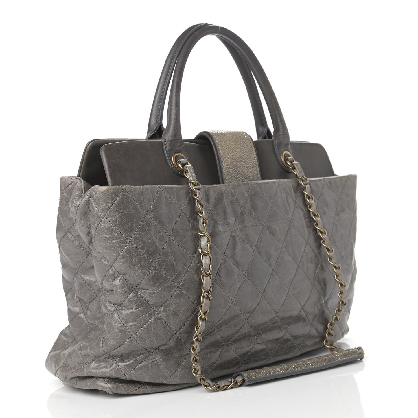 Glazed Calfskin Stingray Large Bindi CC Tote Grey
