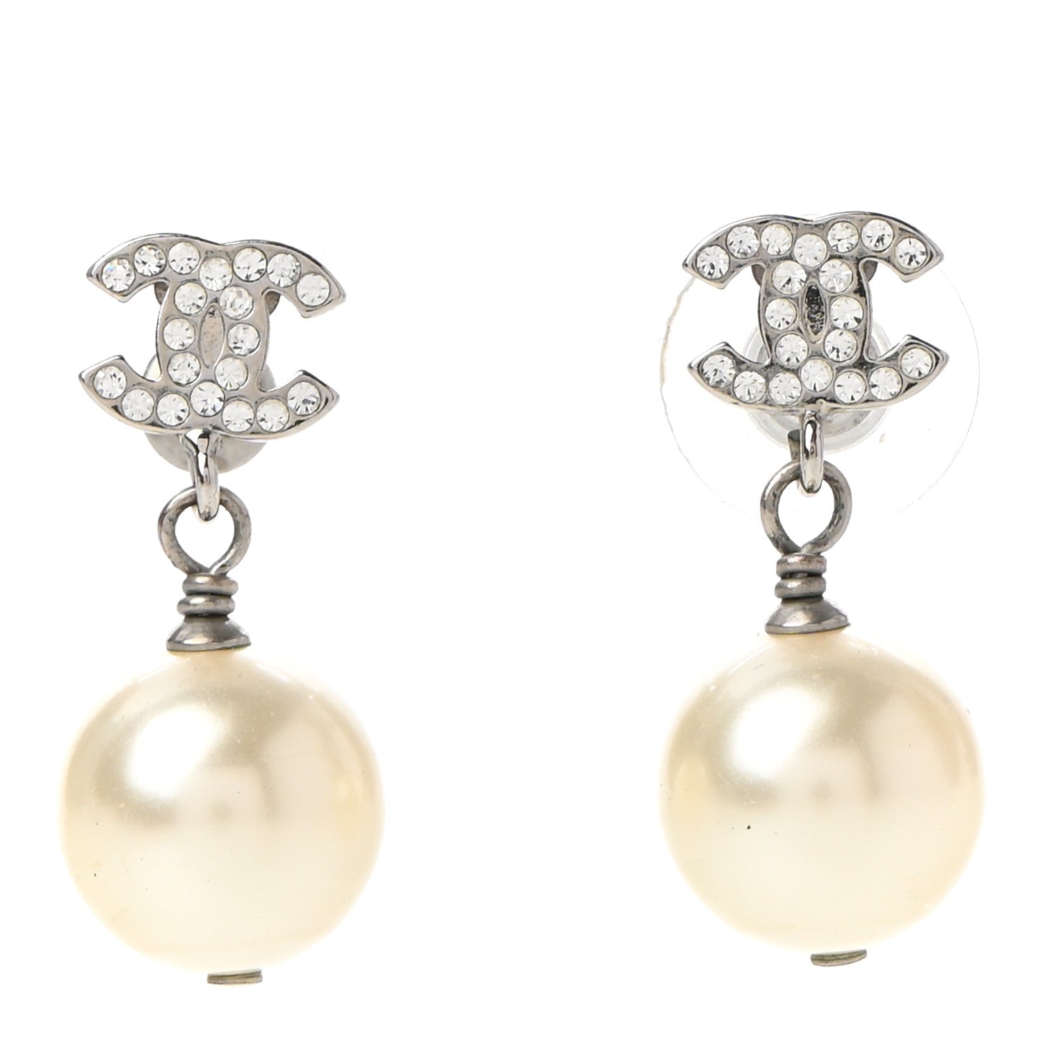 Chanel Crystal Pearl CC Drop Earrings Silver Pearly White 1 of 4