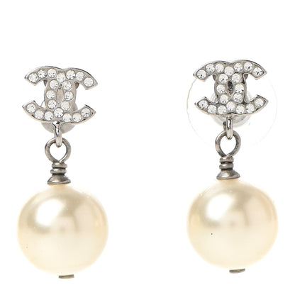 Chanel Crystal Pearl CC Drop Earrings Silver Pearly White 1 of 4