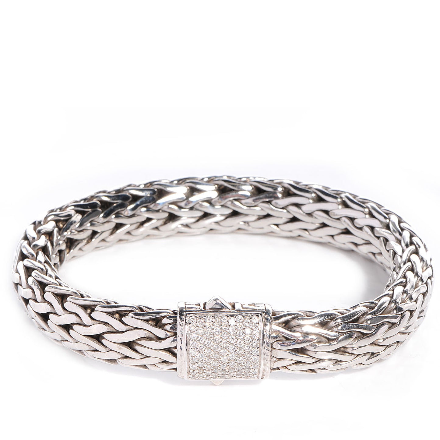 JOHN HARDY Sterling Silver Pave Diamonds Classic Chain Clasp Bracelet Medium