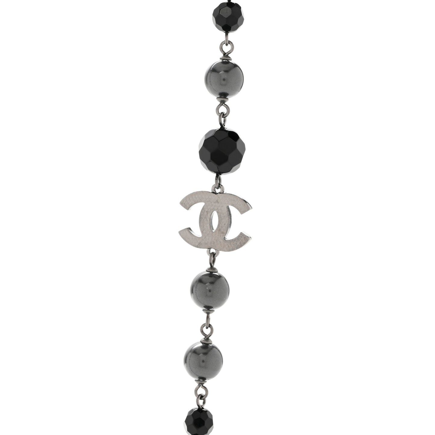 Pearl Beaded CC Long Necklace Silver Black