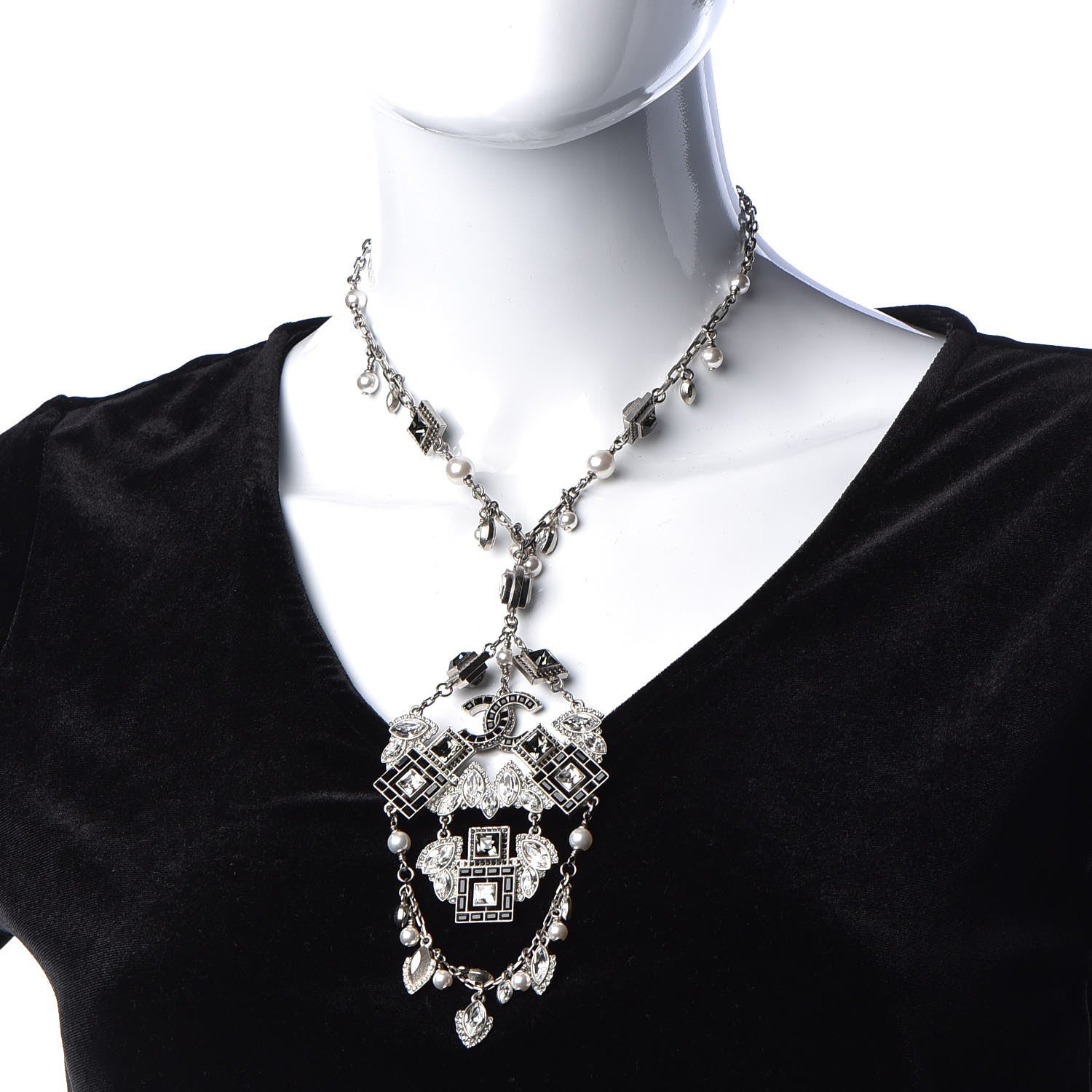 Chanel Baguette Crystal Pearl CC Pendant Necklace Silver Black 2 of 5