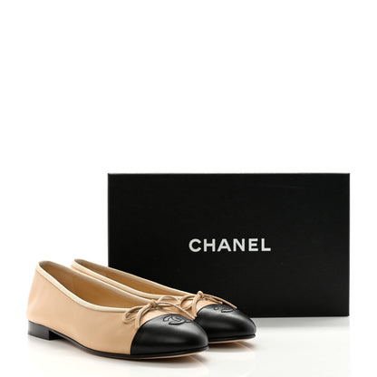 Chanel Lambskin Cap Toe CC Ballerina Flats 38 Beige Black 9 of 9
