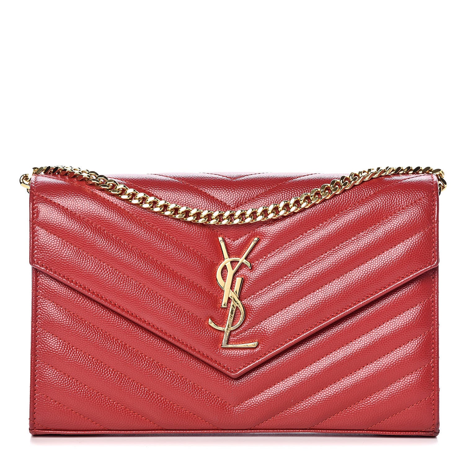 Saint Laurent Grain De Poudre Matelasse Chevron Monogram Chain Wallet New Red 1 of 11
