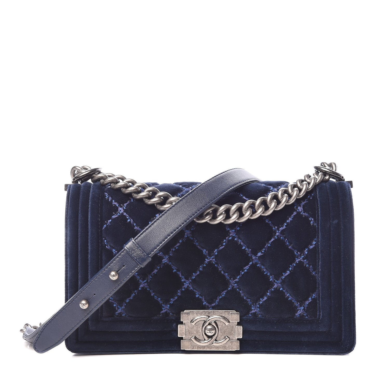 Velvet Tweed Quilted Medium Boy Flap Dark Navy Blue