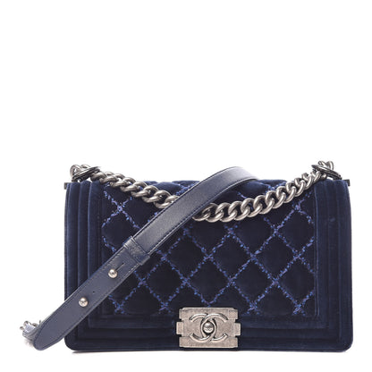 Chanel Velvet Tweed Quilted Medium Boy Flap Dark Navy Blue 1 of 11