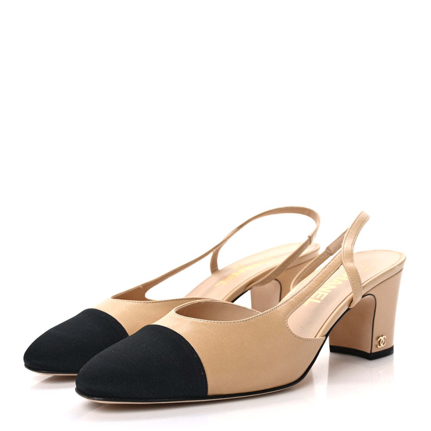 Lambskin Grosgrain Cap Toe CC Slingback Pumps 40 Beige Black