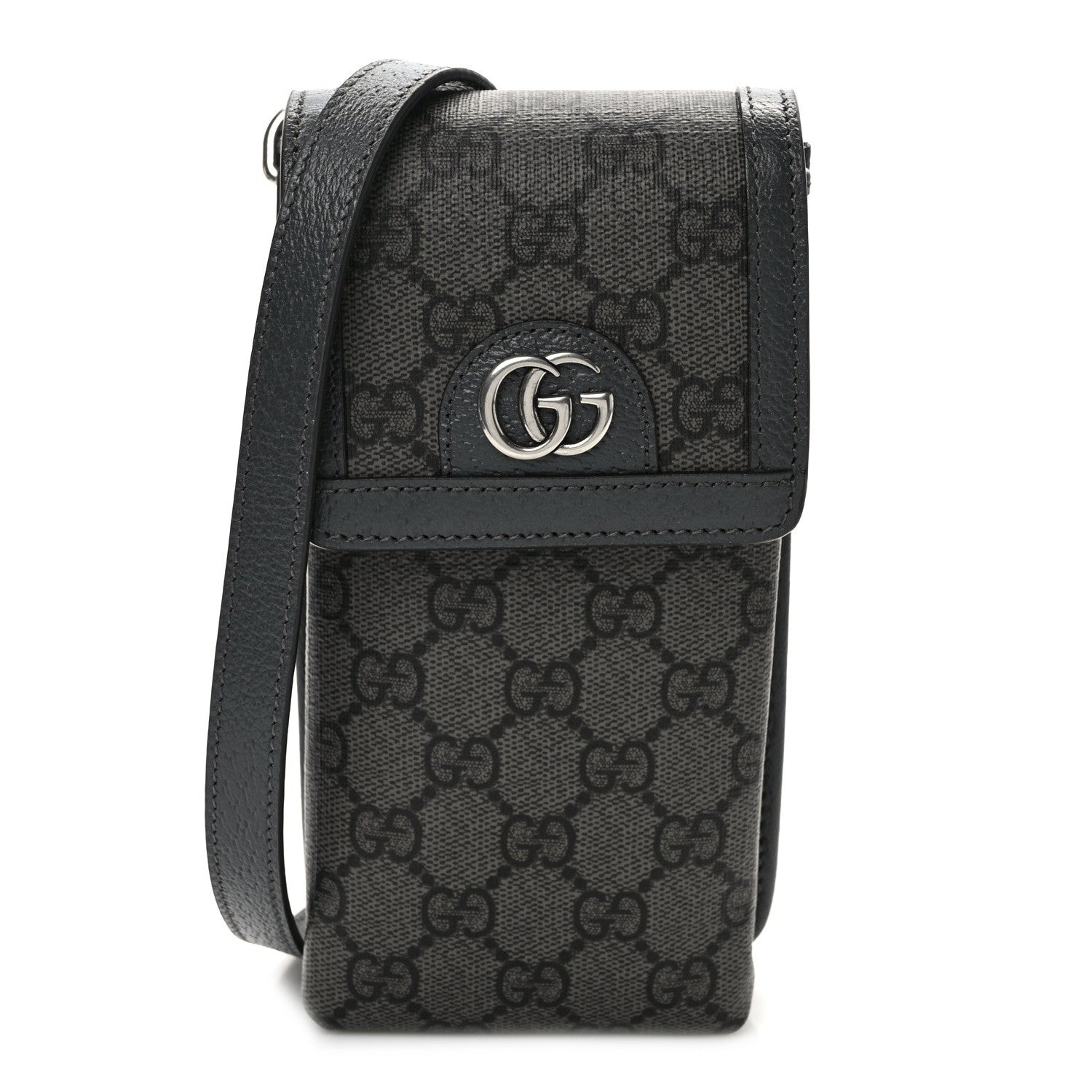 Gucci GG Supreme Monogram Textured Dollar Calfskin Phone Crossbody Bag Grey Black Graphite Grey 1 of 10