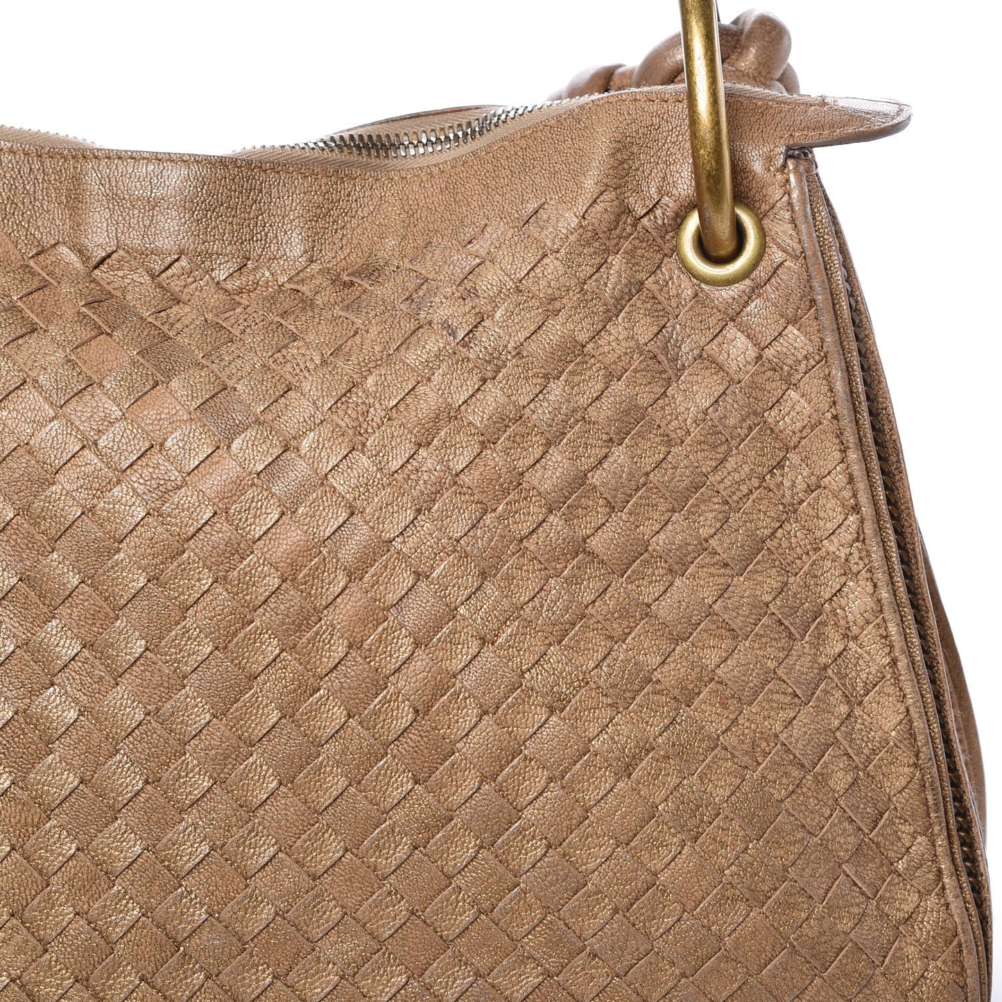 Metallic Goatskin Intrecciato Braided Zip Hobo Gold