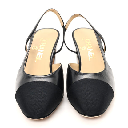 Chanel Goatskin Grosgrain Cap Toe CC Slingback Pumps 37 Black 3 of 10