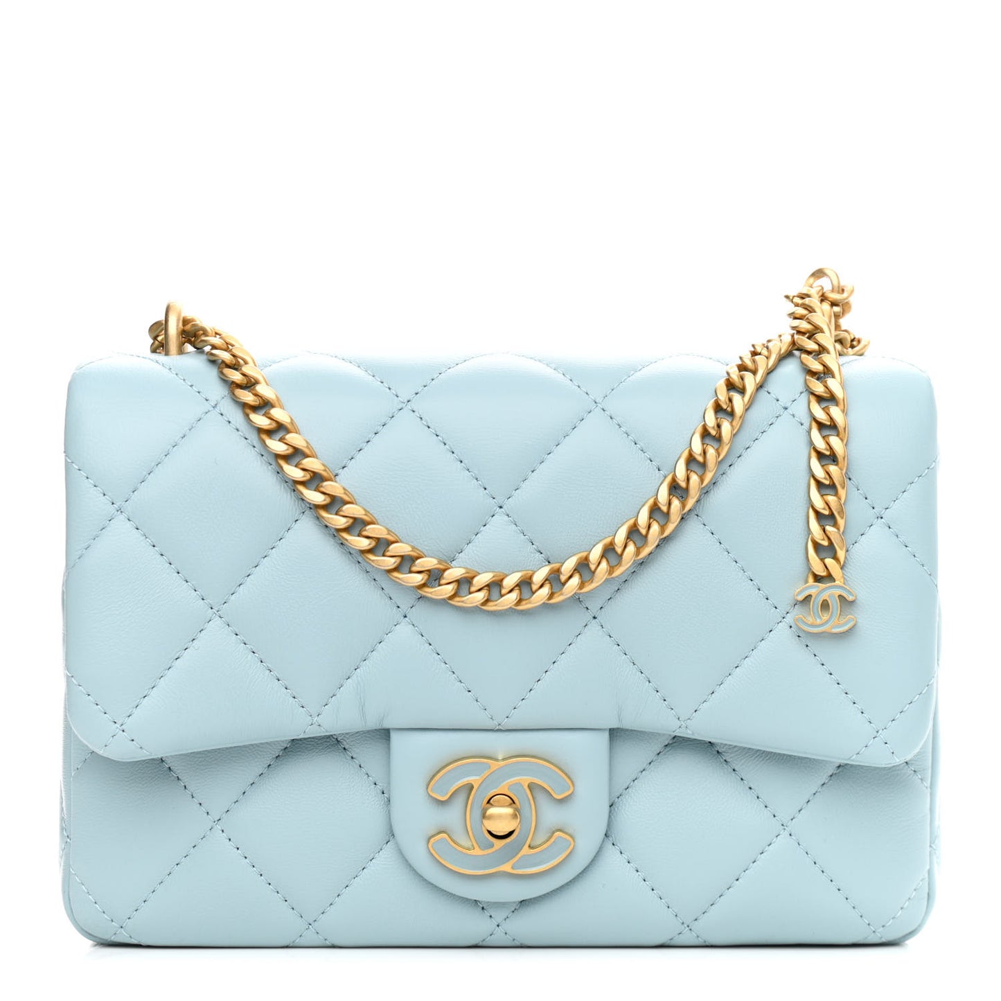 Lambskin Enamel Quilted Pending CC Small Flap Light Blue