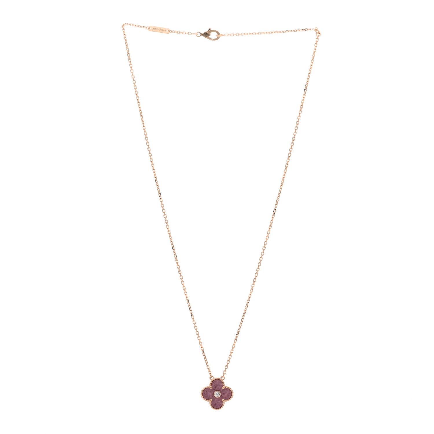Van Cleef & Arpels 18K Rose Gold Diamond Rhodonite Vintage Alhambra Pendant Necklace 3 of 5