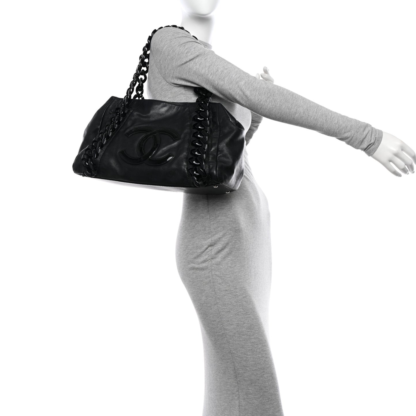 Calfskin Modern Chain Rhodoid East West Tote Black