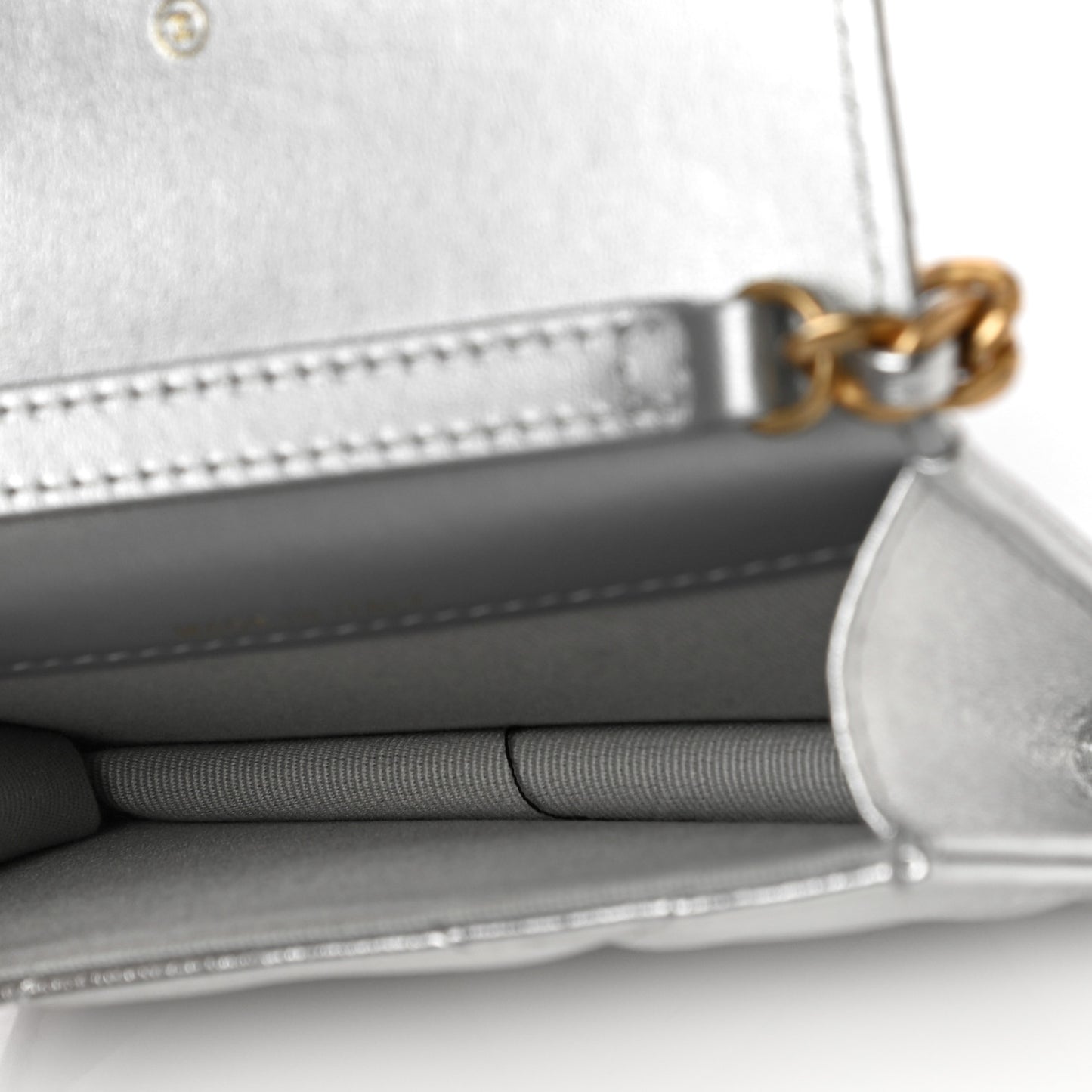 Metallic Lambskin Quilted Chanel 19 Flap Purse Vanity With Chain Silver