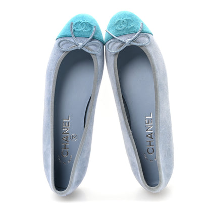 Chanel Suede Calfskin Cap Toe CC Ballerina Flats 37 Light Blue Turquoise 2 of 9