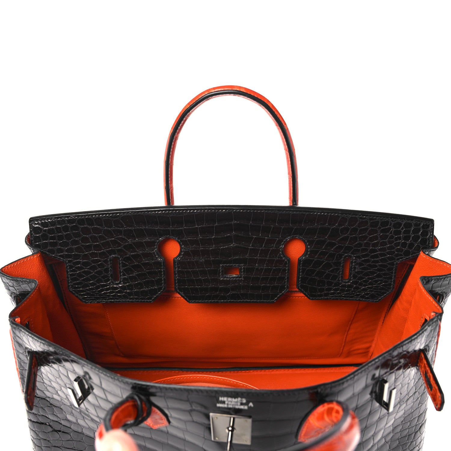 Hermes Shiny Porosus Crocodile Birkin 40 Black Orange 18 of 43