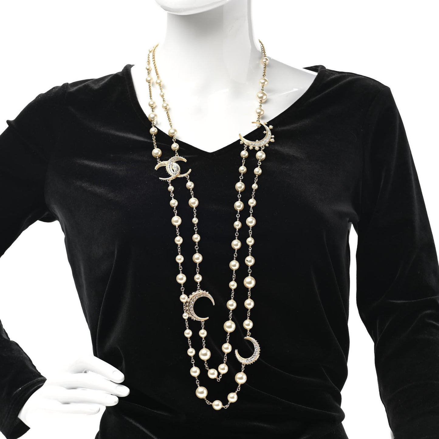 Pearl Baguette Crystal CC Moon Long Necklace Silver