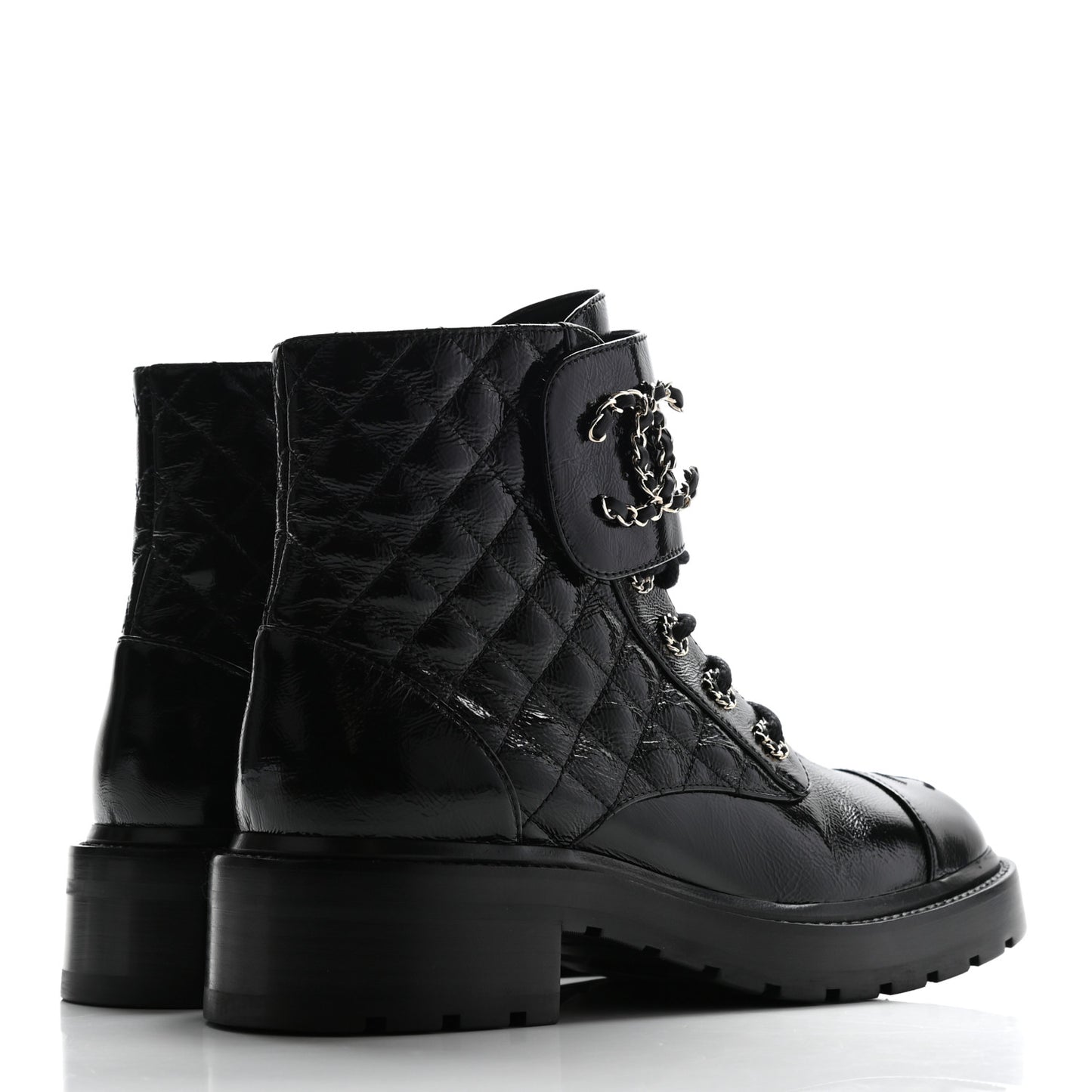 Shiny Calfskin Quilted Lace Up Combat Boots 39 Black