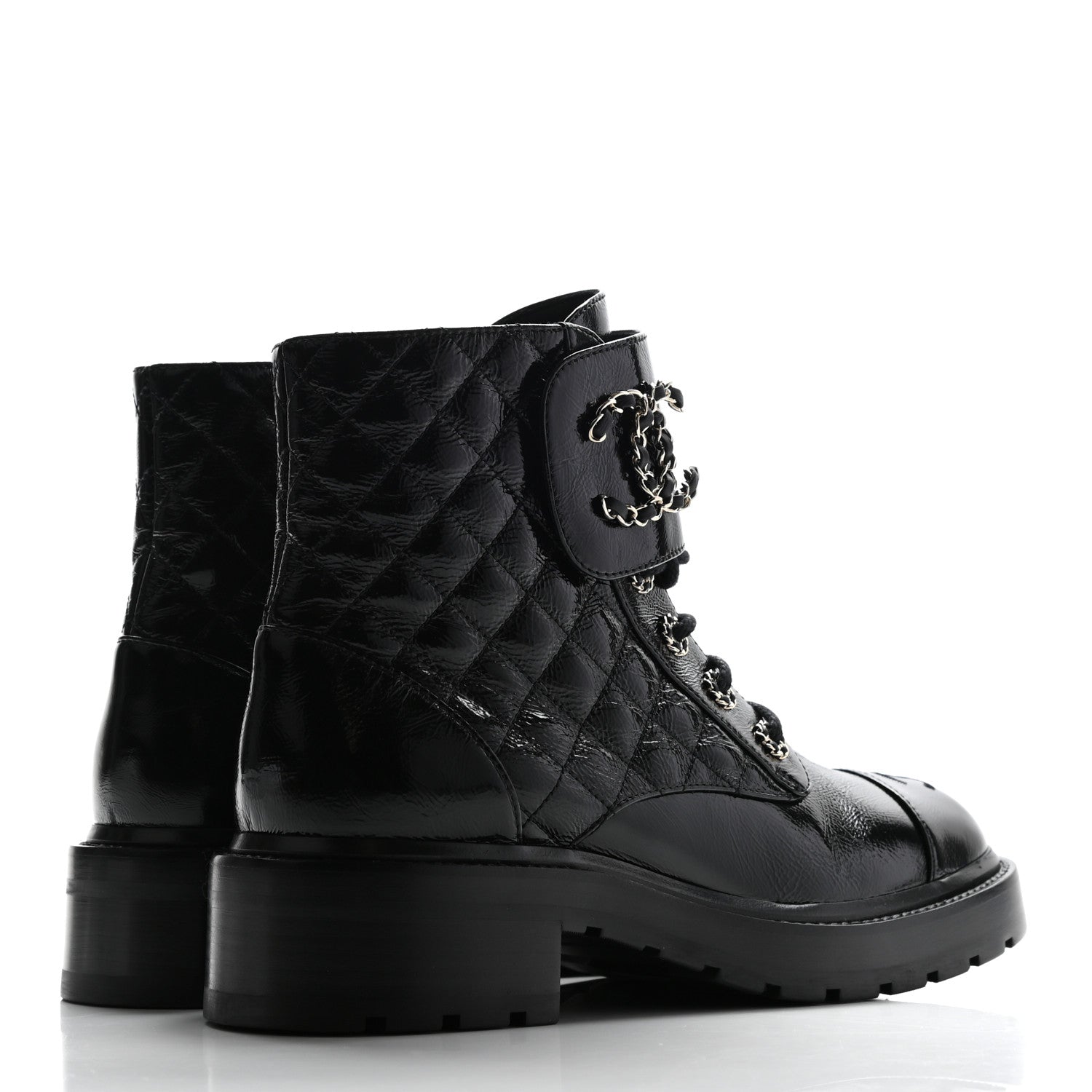 Chanel Shiny Calfskin Quilted Lace Up Combat Boots 39 Black 4 of 12
