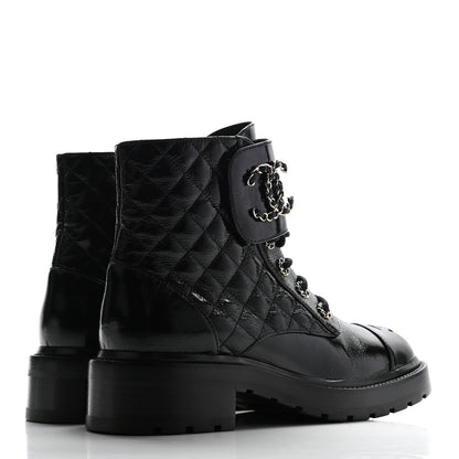 Chanel Shiny Calfskin Quilted Lace Up Combat Boots 39 Black 4 of 12