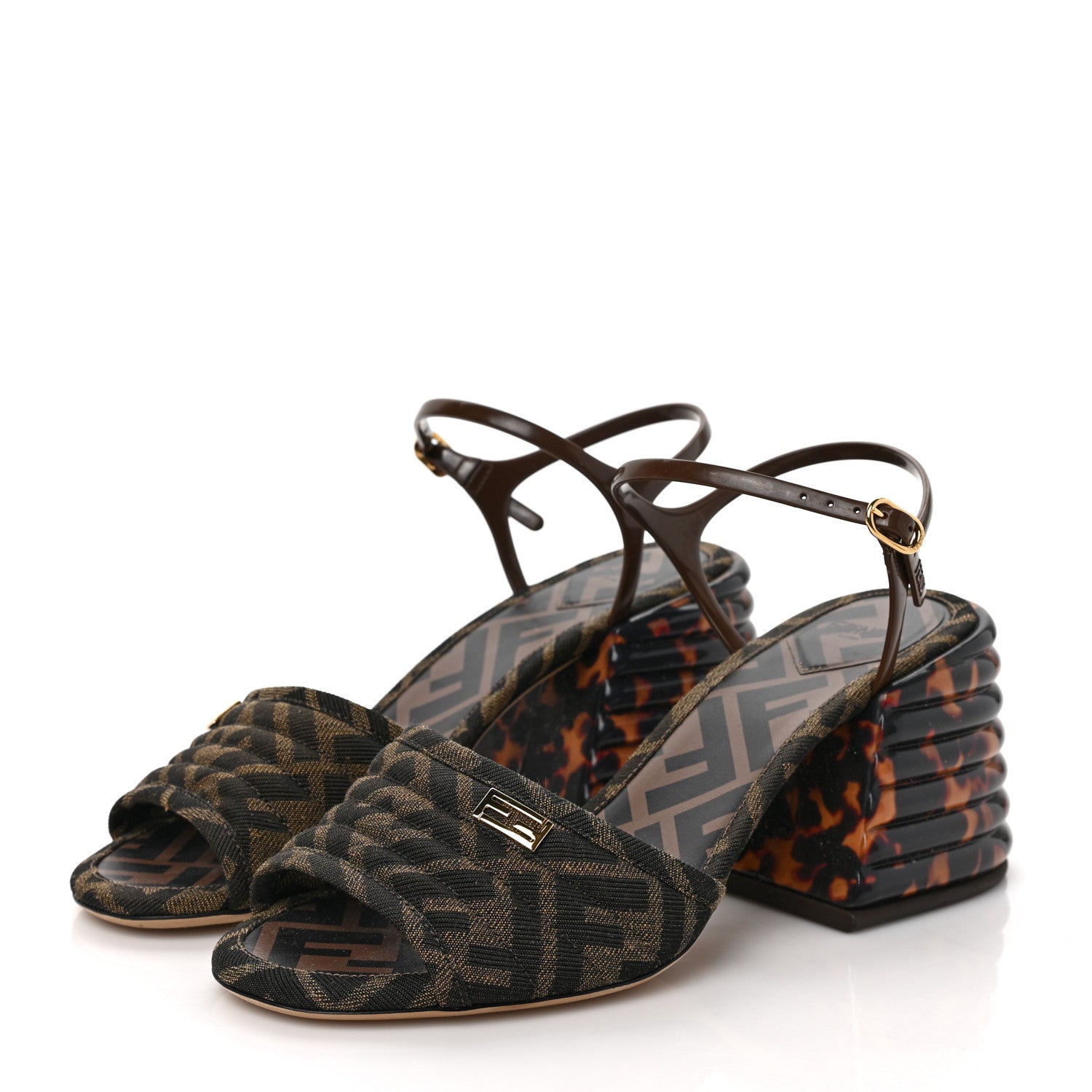 Fendi Jacquard Calfskin FF Tortoise Promenade Ankle Strap Loafer Pumps 38 Tobacco 3 of 7